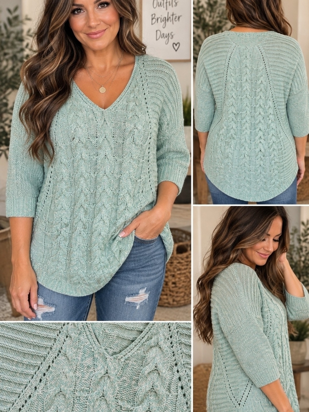 V-Neck Mint Cable Knit Women's Sweater